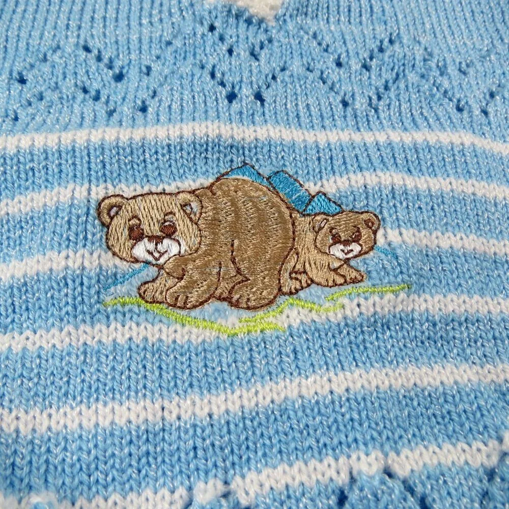 VINTAGE Baby Boy Blue White Sweater Pants Outfit Set with Embroidered Bear